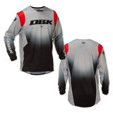 Motocross jersey showing front and back: light gray/black gradient with red shoulder and side panels