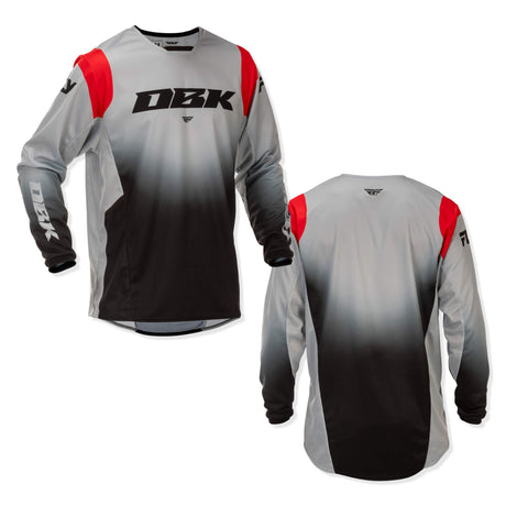 Motocross jersey showing front and back: light gray/black gradient with red shoulder and side panels