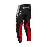 Black motocross pants with red vertical accents and DRK logo on leg