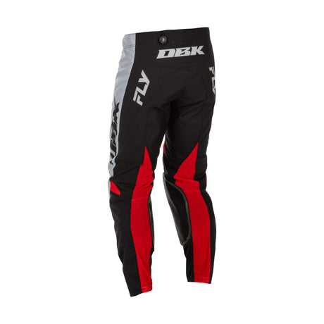 Black motocross pants with red vertical accents and DRK logo on leg