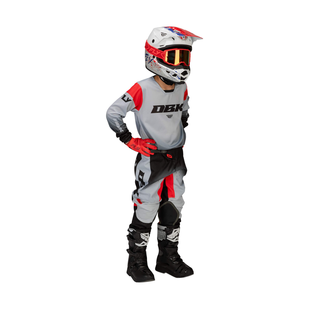 Youth motocross jersey on a model, light gray body with red shoulder accents and black sleeves