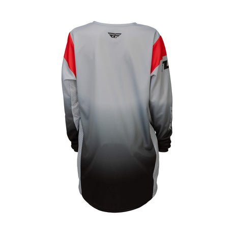 Youth motocross jersey back view, light gray with red sleeve panels and black lower hem