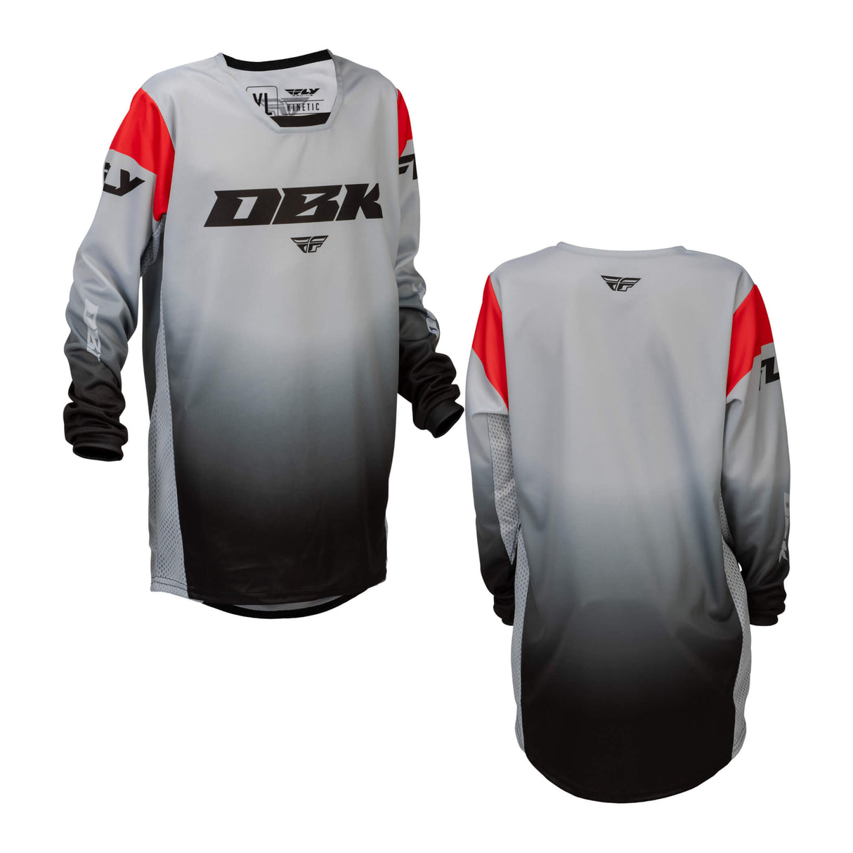 Youth motocross jersey front and back, light gray with red sleeves and black lower panel