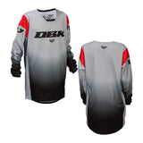 Youth motocross jersey front and back, light gray with red sleeves and black lower panel
