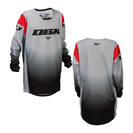 Youth motocross jersey front and back, light gray with red sleeves and black lower panel