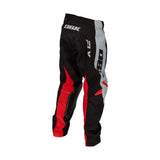 Youth motocross pants, black with light gray panels, red center stripe, logo graphics