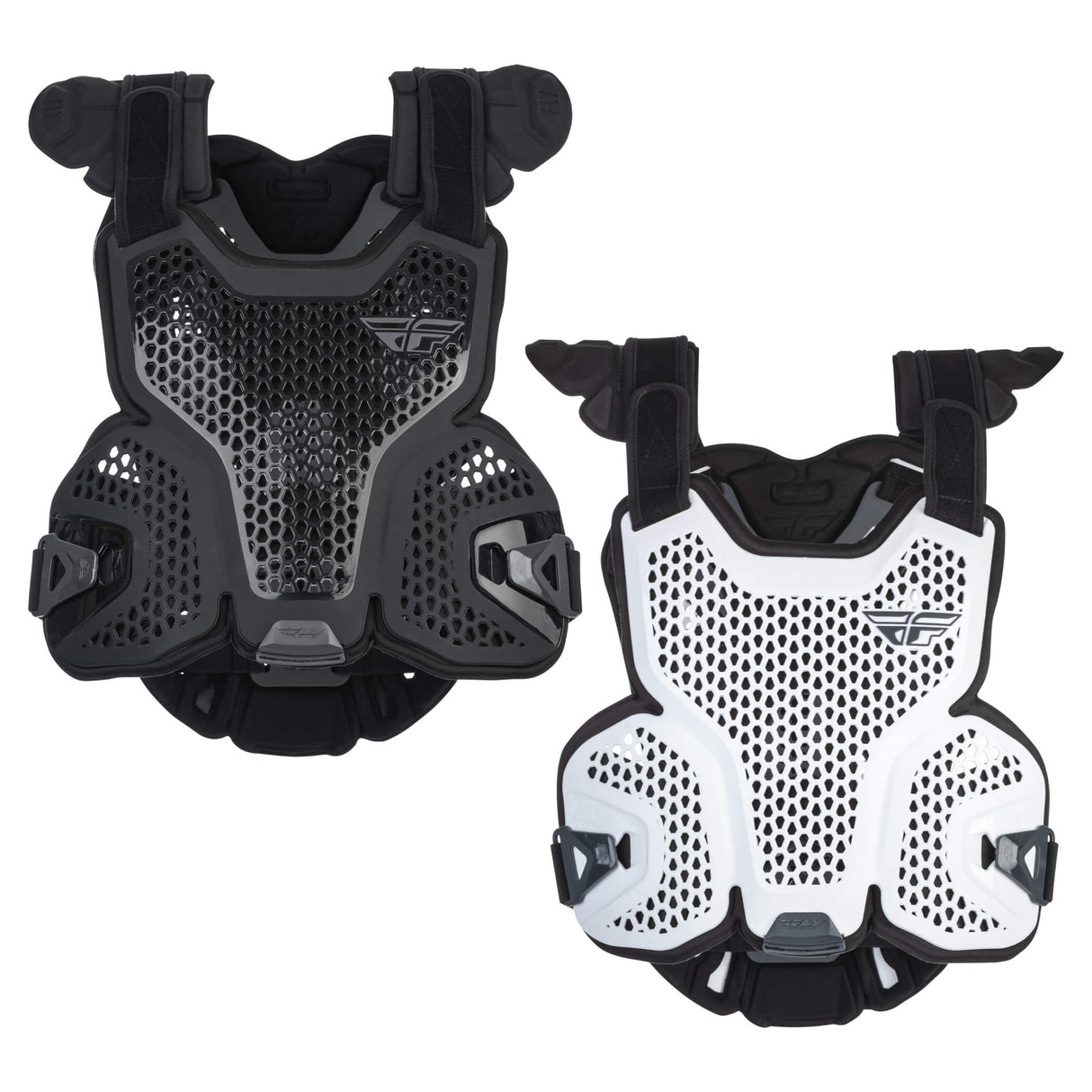 Protective roost guard vest in black and white with perforated mesh and shoulder straps