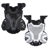 Protective roost guard vest in black and white with perforated mesh and shoulder straps