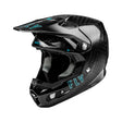 Black carbon racing helmet with blue FLY graphics, chin guard and side vents