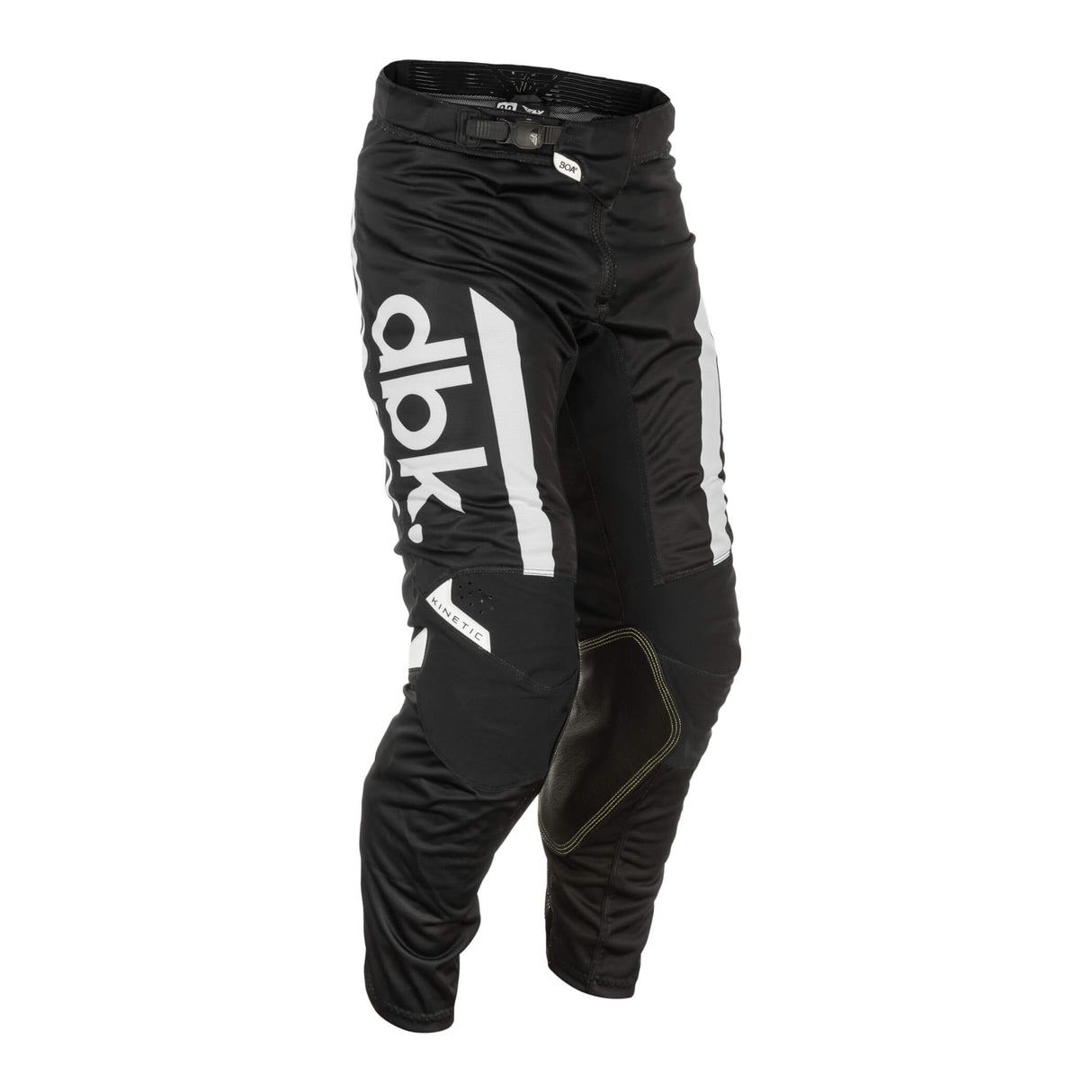 Black motocross pants with white side stripe and armored knee panels