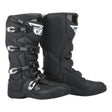 Black motocross boots with padded shin guard, three buckles, and grippy sole