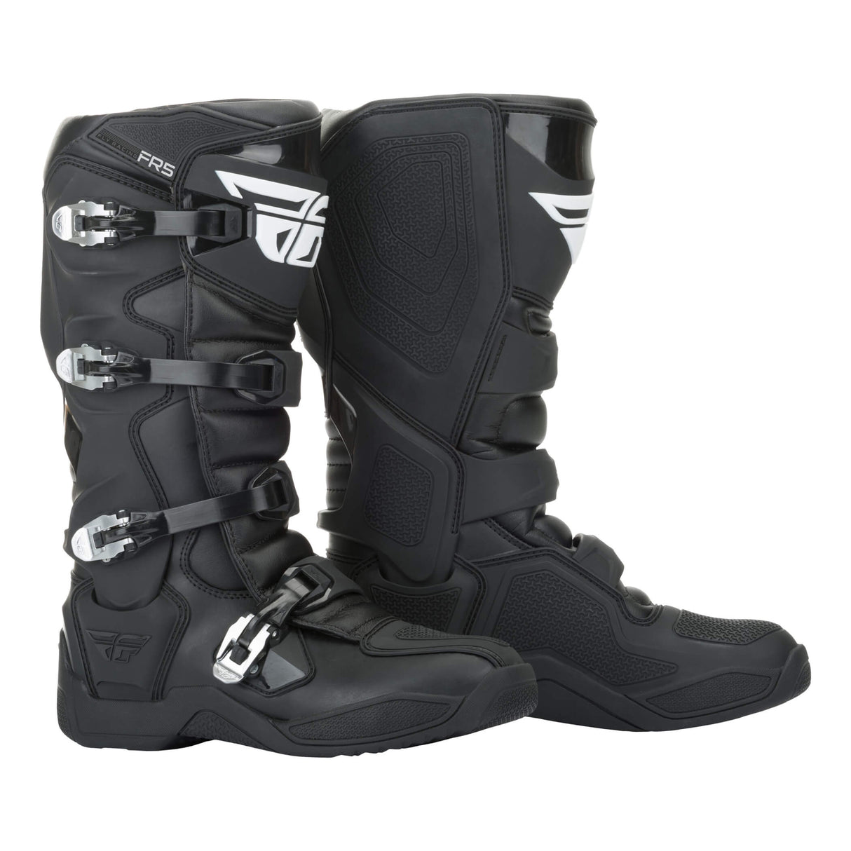 Black motocross boots with padded shin guard, three buckles, and grippy sole
