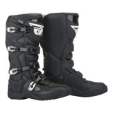 Black motocross boots with padded shin guard, three buckles, and grippy sole