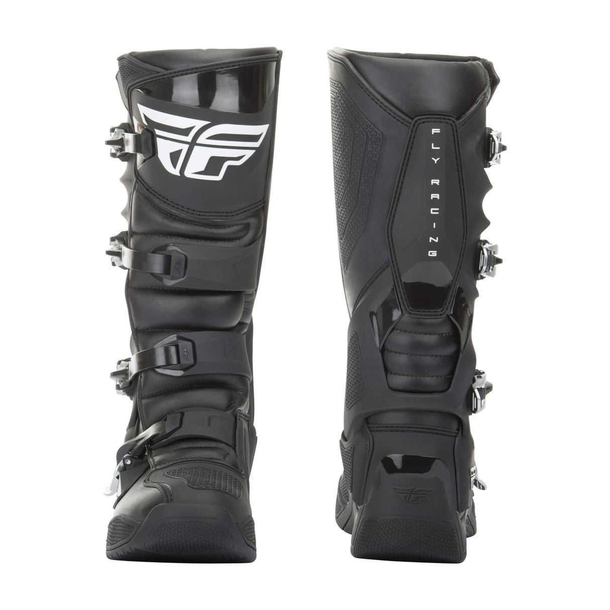 Black motocross boots with vertical FLY RACING branding and side armor panels