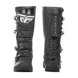 Black motocross boots with vertical FLY RACING branding and side armor panels