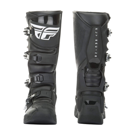 Black motocross boots with vertical FLY RACING branding and side armor panels