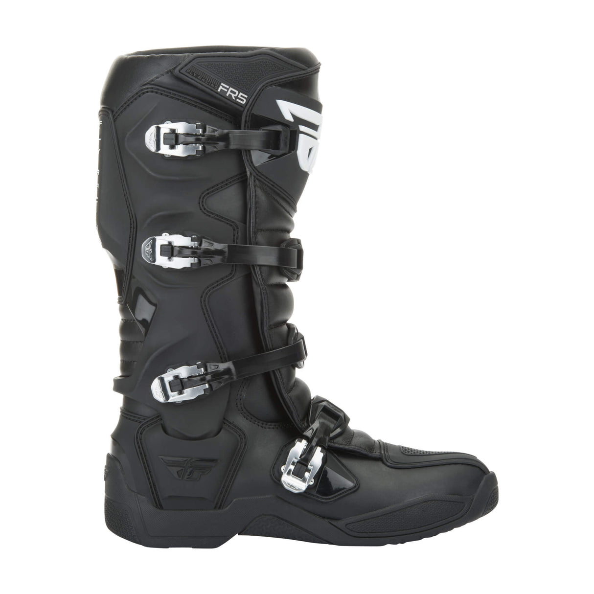 Black motocross boots with three buckles, ankle padding, and logo on the outer cuff