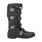 Black motocross boots with three buckles, ankle padding, and logo on the outer cuff
