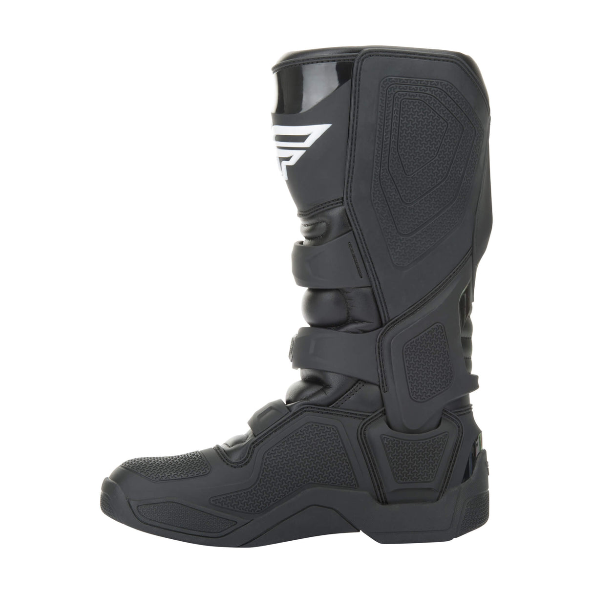 Black motocross boots with molded shin and ankle protection and textured outsole