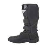 Black motocross boots with molded shin and ankle protection and textured outsole