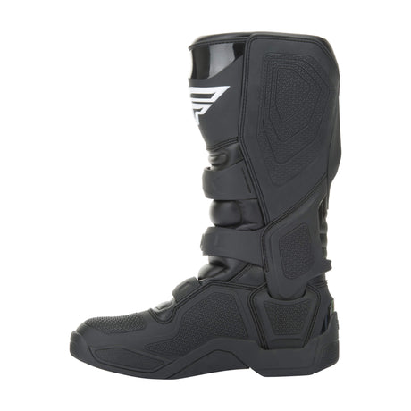 Black motocross boots with molded shin and ankle protection and textured outsole