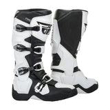 White and black motocross boots with three buckles and padded side shield
