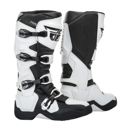 White and black motocross boots with three buckles and padded side shield