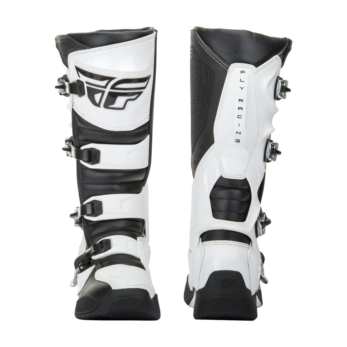 White and black motocross boots with vertical FLY RACING branding and side armor