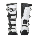 White and black motocross boots with vertical FLY RACING branding and side armor