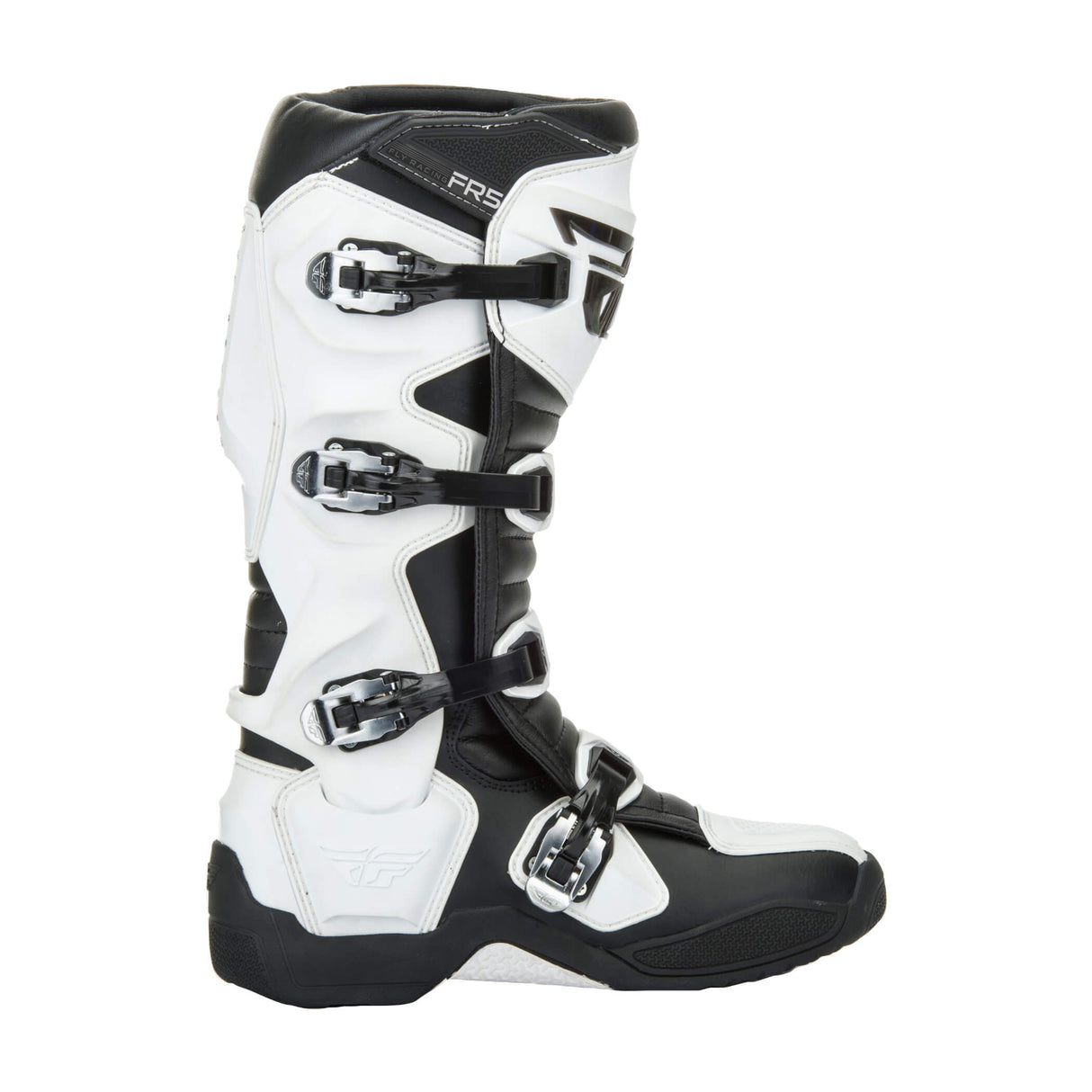 White and black motocross boots with three buckles, ankle padding, and outer cuff logo