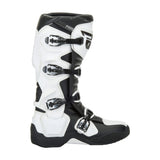 White and black motocross boots with three buckles, ankle padding, and outer cuff logo