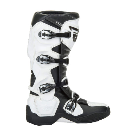 White and black motocross boots with three buckles, ankle padding, and outer cuff logo