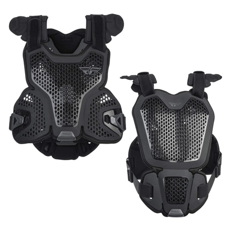 Protective roost guard vest in black with perforated honeycomb mesh and adjustable straps