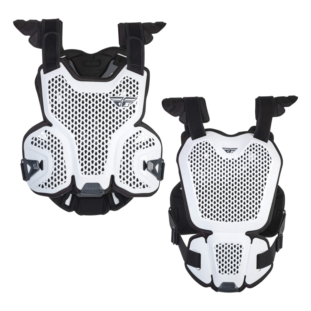Protective roost guard vest in white with perforated mesh panels and padded shoulder supports