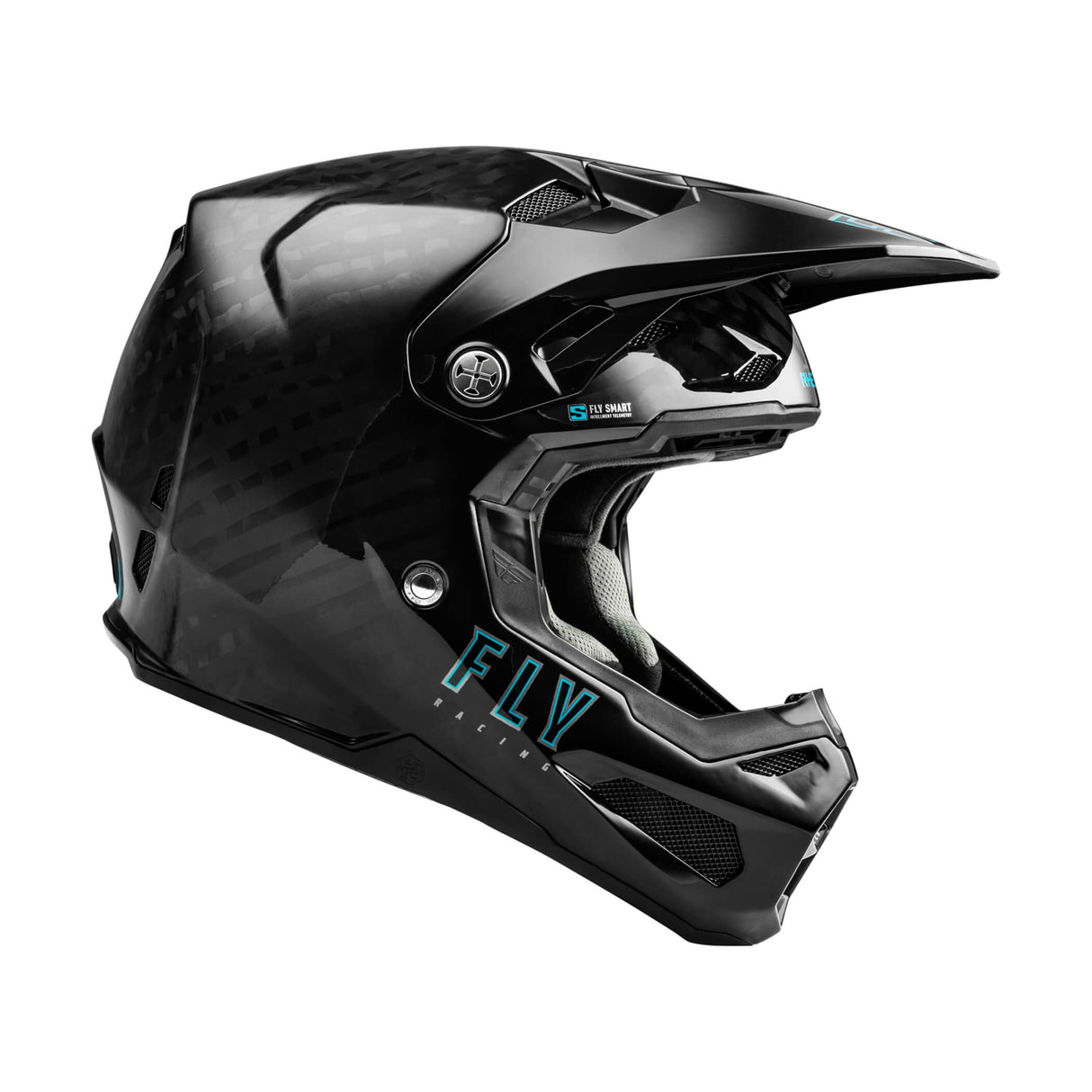 Black carbon racing helmet with blue FLY logo, front shield and textured ventilation