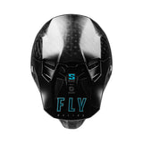 Black carbon racing helmet front view with blue FLY accents and chin protection