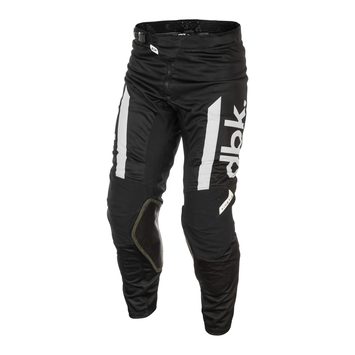 Black motocross pants with large white vertical stripe and knee armor panels