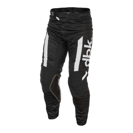 Black motocross pants with large white vertical stripe and knee armor panels