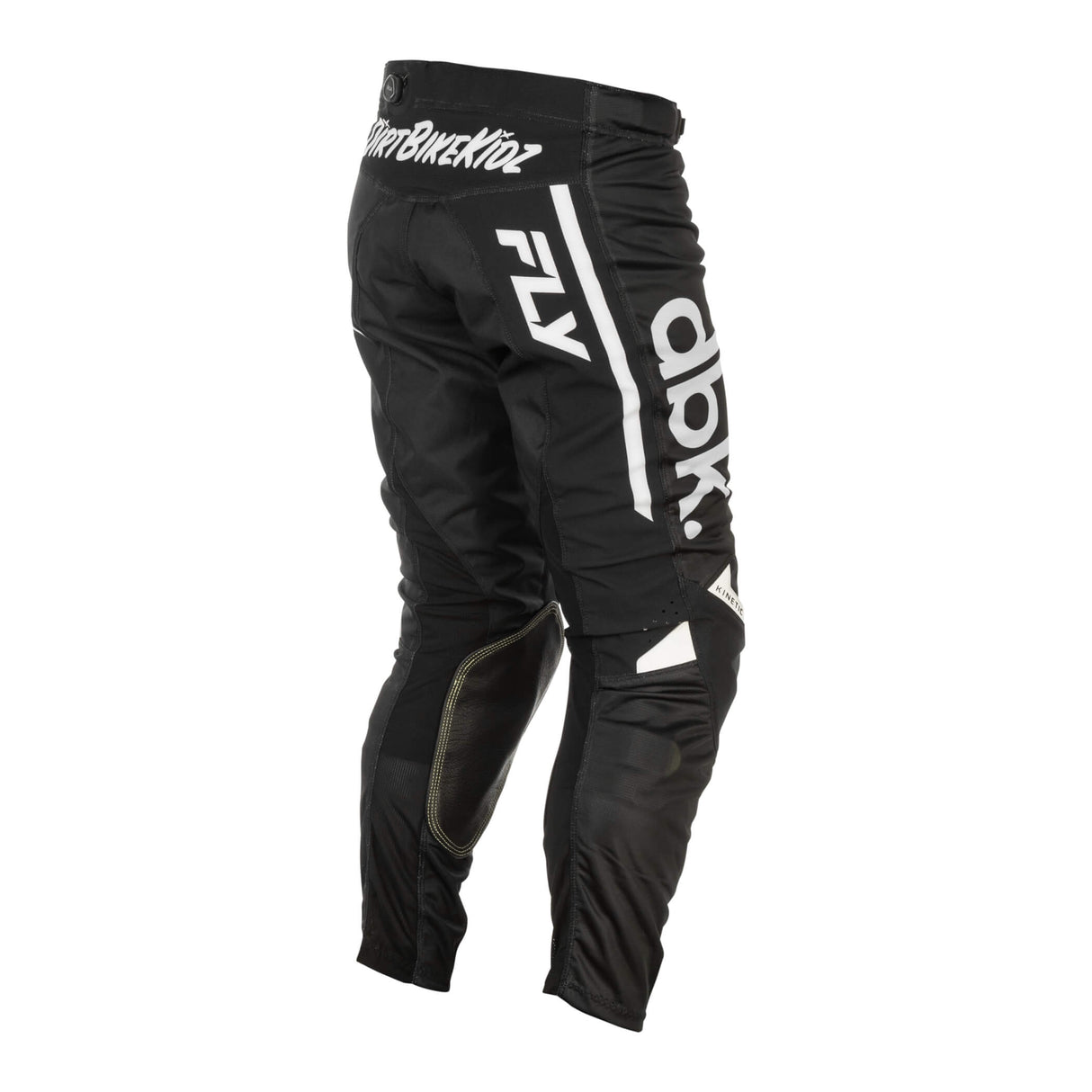 Black motocross pants close-up with white logo stripe and protective knee padding