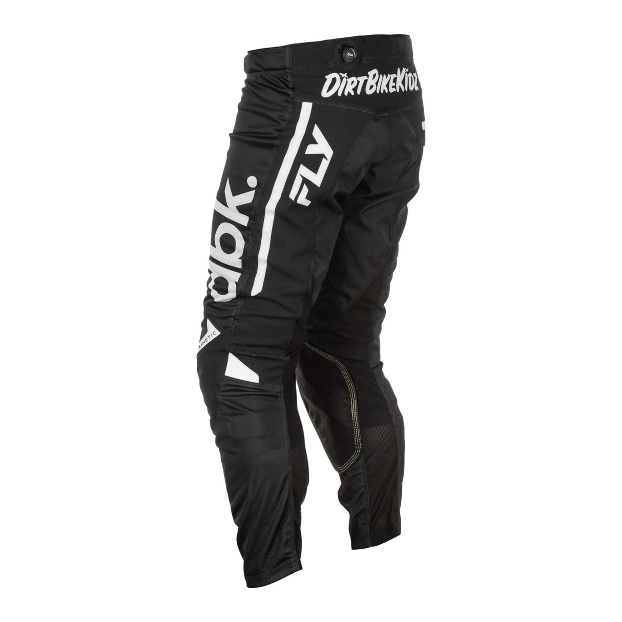 Black riding pants with white vertical logo stripe and vented knee panels