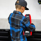 Youth flannel plaid shirt back view in blue and black with contrast panel details