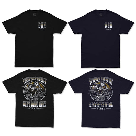 Ghost Rider Tee set—black & navy fronts (BRK logos) and backs (skull rider graphics)