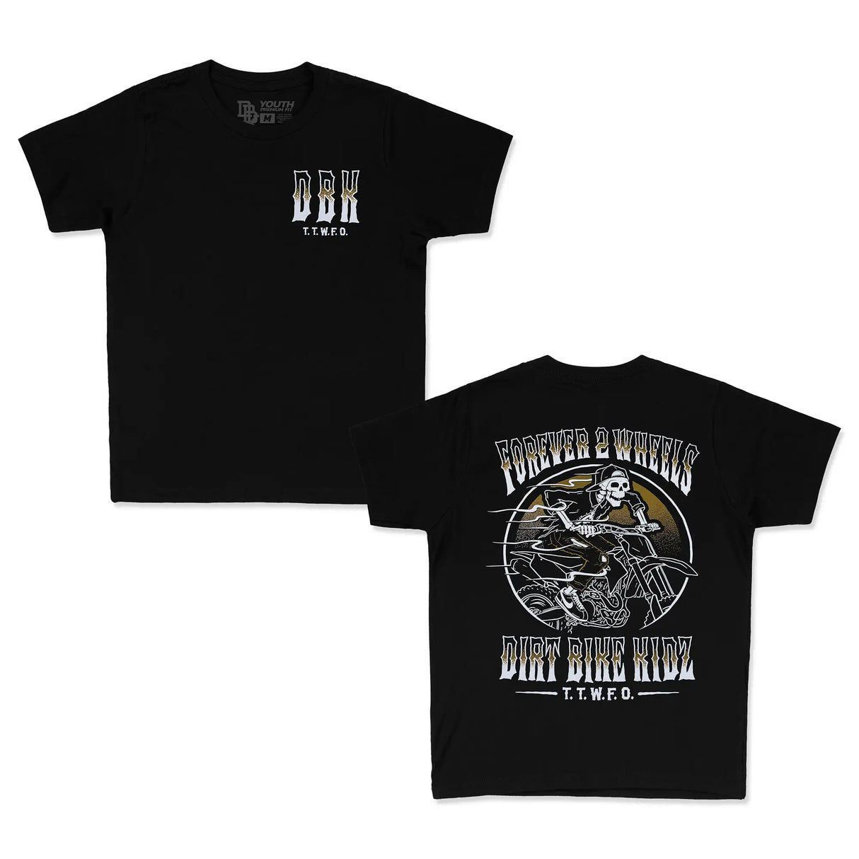 Black youth premium tee with DRK logo and T.T.W.F.O. print on chest