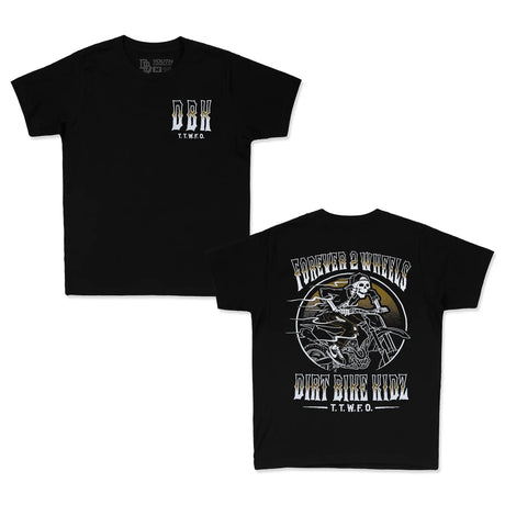 Dirt Bike Kidz youth premium tee in black with DBK logo and TTWFO print