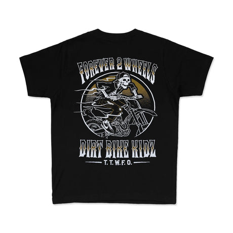 Black youth tee with back graphic: skull rider, “Forever Wheels,” “Dirt Bike RIder,” TTWFO