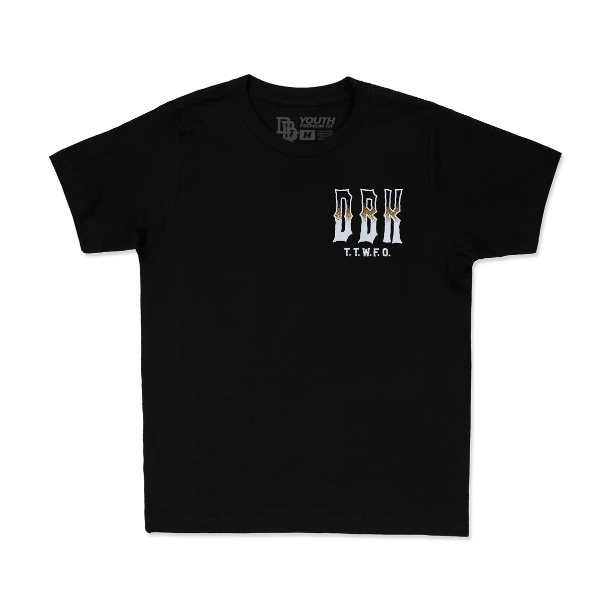 Black youth premium tee with DRK logo and T.T.W.F.O. on front