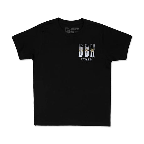 Black youth T-shirt with DBK lettering and TTWFO text beneath the logo