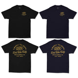 Set of logo graphic tees in black and navy, front and back views, short sleeves.