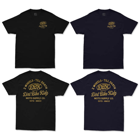 Gold Nugget Tee: black and navy fronts and backs with yellow DBK graphics