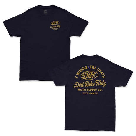 Gold Nugget Tee front in navy, small DBK logo chest print, short sleeves